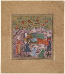 Firdawsi（d.1020）によるShahnama（Book of Kings）のフォリオ。アテンダントに囲まれたリクライニング女性（不透明な水彩、インク、紙の上の金） 作： Indian School