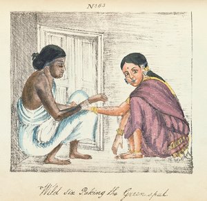 「インドのさまざまなカーストのダイジェスト」からの占い師と女性、Venkata Ramasvani作、マドラス1837年発行（カラーリソ） 作： Indian School
