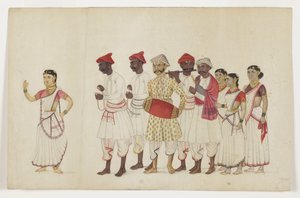 1830年頃、ミュージシャンと列をなして踊る4人の女性ダンサー（不透明なトイレと紙の上の金）