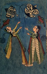凧揚げの女の子、クル民族の絵画、ヒマーチャルプラデーシュ州