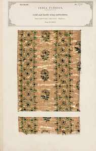 1866年に出版されたジョン・フォーブス・ワトソンの「The Collection of the Textile Manufacturers of India」より、マドラスの金とカブトムシの羽の刺繍サンプル（ミクストメディア