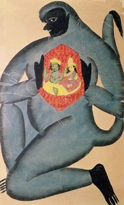 1880年にパトヴァカーストのメンバーが描いた、ラーマとシータが心に安置されていることを明かすハヌマーン 作： Indian School