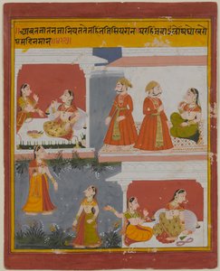 18世紀初頭のBihari Satasaiの原稿のイラスト（不透明なトイレと紙の上の金） 作： Indian School
