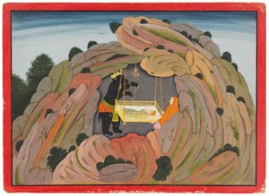 バガヴァタプラーナへの挿絵：ジャンバヴァンはシマンタカの宝石を娘に与えて演奏します。c.1760-65 作： Indian School