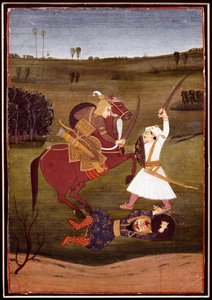 インディアンアート。"馬に乗った王子と戦士の戦い" 地面に横たわる魔物。ビカネールの学校のミニチュア。1765年 個人蔵 作： Indian School