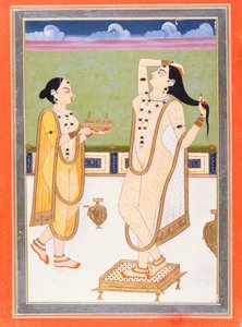 彼女のトイレでインドの女性（ガッシュと紙の上の金箔） 作： Indian School
