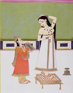 鏡で自分を見ているトイレでインドの女性（ガッシュと紙の上の金箔） 作： Indian School