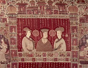 ヨーロッパの商人とインドの女性、マドラス地方、アーメダバード（塗られた綿） 作： Indian School