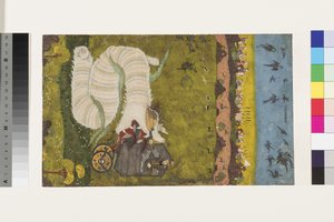 Isfandiyarがドラゴンを攻撃する、1760年頃（紙に不透明なトイレとゴールド） 作： Indian School
