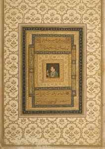 ペルシャ語で書かれたマドンナの絵を持っているジャハンギル：ジャハンギルシャー、モーグル、1620年
