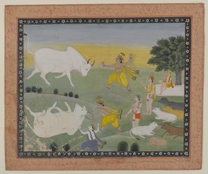 クリシュナが牛魔王を倒す（紙に水彩） 作： Indian School
