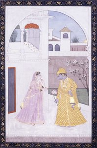 クリシュナはピンクのサリーで蓮の花と彼の恋人を抱きしめて立つc。 1800 作： Indian School
