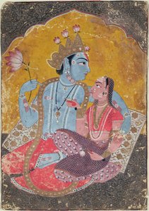 クリシュナとラダ、1690〜1700年頃（紙に金の型押しを施した不透明なトイレ） 作： Indian School