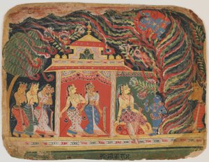 クリシュナは、バガヴァタプラーナから旋風の悪魔によって運ばれました。 c.1520-30（紙に不透明なトイレ） 作： Indian School