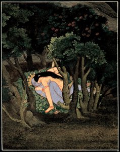 Krishna enlace par Radha (ラダに抱かれたクリシュナ) - インドの芸術、紙にグワッシュ、1775 年頃 作： Indian School
