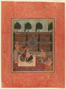 テラスの女性たち、ムガールスタイル、1700-10年頃（金色の縞模様の紙にトイレ） 作： Indian School