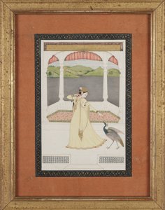 Senhora seduzindo um pavão com um colar de pérolas, c.1800 (guache e ouro sobre papel) 作： Indian School