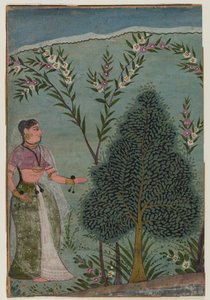 荒野の女性、バガヴァタプラナシリーズのページの断片、1590〜1600年頃（紙と紙と金） 作： Indian School