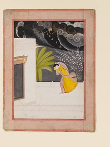 雨宿りをするテラスの女性、19世紀初頭、紙にグワッシュ、金彩 作： Indian School