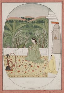 水ギセルのあるテラスの女性、1770年頃（紙にガッシュと金） 作： Indian School