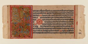 カラカチャリヤカタの分散ジャイナ語写本の葉、1450年から1475年頃（紙に不透明なトイレと金） 作： Indian School
