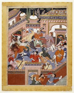 Songhur BalkhiとLulu the Spyが率いるAyyarsは刑務所警備員の喉を切り裂き、フリーサイドのFarrukh-Nizhad、1557年-1572年（不透明な水彩画と綿の布に金色）