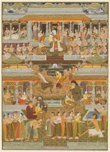 愛好家と最愛の人：ペルシャ語、ウルドゥー語、サンスクリット語の文学のシーンの合成、c。 1735年（紙に金を塗った不透明な水彩画） 作： Indian School