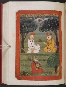 MS Panj B 40、f.131v、Bhagat Kabir ji と Guru Nanak Dev ji の会議、「Guru Nanak の伝記」のイラスト 作： Indian School