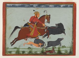 Mewar Hunting BoarのMaharaja Pratap Singh II、c.1750-75（紙に水彩、金と銀） 作： Indian School