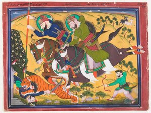 トラを狩るマハラジャ・ラム・シン、19世紀の第2四半期（紙に水彩） 作： Indian School