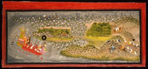 マハラナジャガトシンIIホーキングとイノシシ猟、1740年頃（不透明なw - c、紙に銀と金、アルバムページにマウント） 作： Indian School