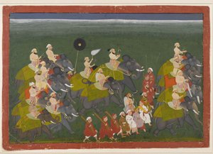 象の行列、ウダイプール、ラジャスタン、1730-40年頃に乗ったメワールのマハラナサングラムシン（不透明なトイレと紙に金色） 作： Indian School