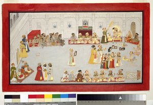 マハラナサングラムシンとその子供たちと廷臣たち、1715年頃（紙に不透明なトイレと金、アルバムページにマウント） 作： Indian School