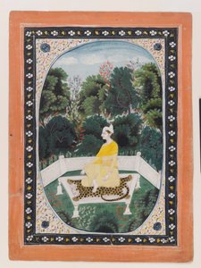 庭の設定で瞑想する人、c.1820-40（紙にトイレ） 作： Indian School