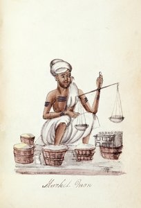「インドのさまざまなカーストのダイジェスト」からのマーケットマン、Venkata Ramasvani著、マドラス1837年発行（カラーリソ） 作： Indian School