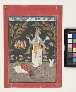 Matsya Avatar Of Vishnu: The Slaying Of Sankh Asura (ガッシュと紙に金箔) 作： Indian School