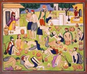 アヘンを吸う男性、地面に座ったり横になったり、1870年頃（紙に水彩） 作： Indian School