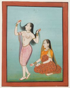 トイレの女性のミニチュア絵画（不透明なトイレと紙の上の金） 作： Indian School