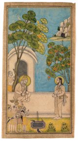1人の聖人が1700-25に別の客を訪ねる（紙に不透明なトイレと金） 作： Indian School