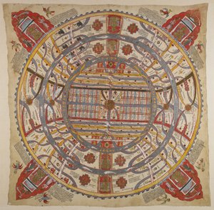 または 13937 f.1 宇宙図、サンスクリット語とグジャラート語のテキスト (布に水彩) 作： Indian School