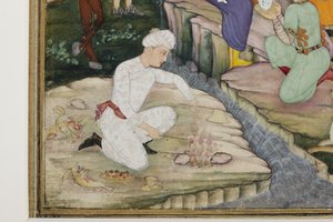 狩りの最中のピクニック、詳細、c.1615（紙に不透明なトイレ） 作： Indian School