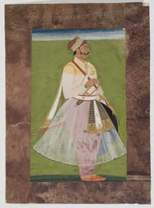 1820年、ジョードプルのリアンのメルティア氏族のラトールチーフであるバグワンダスの肖像（インドの紙にガッシュを乗せ、茶色の紙の枠を合成） 作： Indian School