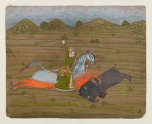 イノシシの狩猟王子（ミニチュア絵画）、1765年（紙に不透明なトイレと金） 作： Indian School