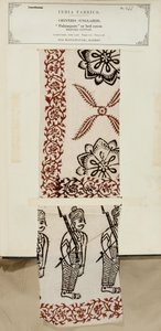 1866年に出版されたジョンフォーブスワトソンによる「インドの繊維製造業者のコレクション」からのマドラスのマスリパタムからの綿のパーランポアまたはベッドカバーの印刷サンプル 作： Indian School