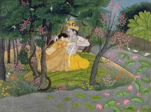 ラダーとクリシュナは花の咲く木立に抱きます。c.1780（紙にトイレ）