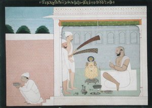 プージャを行うラジャ・ブルワント・シン、1750年頃（紙に墨・彩色刷り 作： Indian School