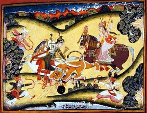 ライオンを殺すラージプートの王女たち ブンディ派 1810-20年頃 （紙にグワッシュ） 作： Indian School