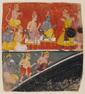 ラマとラクシュマナは特使を受け取り、散らばったラーマーヤナシリーズのページ、1634年頃（紙にトイレ） 作： Indian School