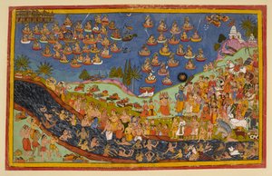 ラーマが天国に入る、「ラーマーヤナ、ウッタラ 神田」より 作： Indian School