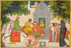 1780年頃、バガヴァタプラーナのフォリオ、クリシュナと一緒に逃げるルクミニ 作： Indian School